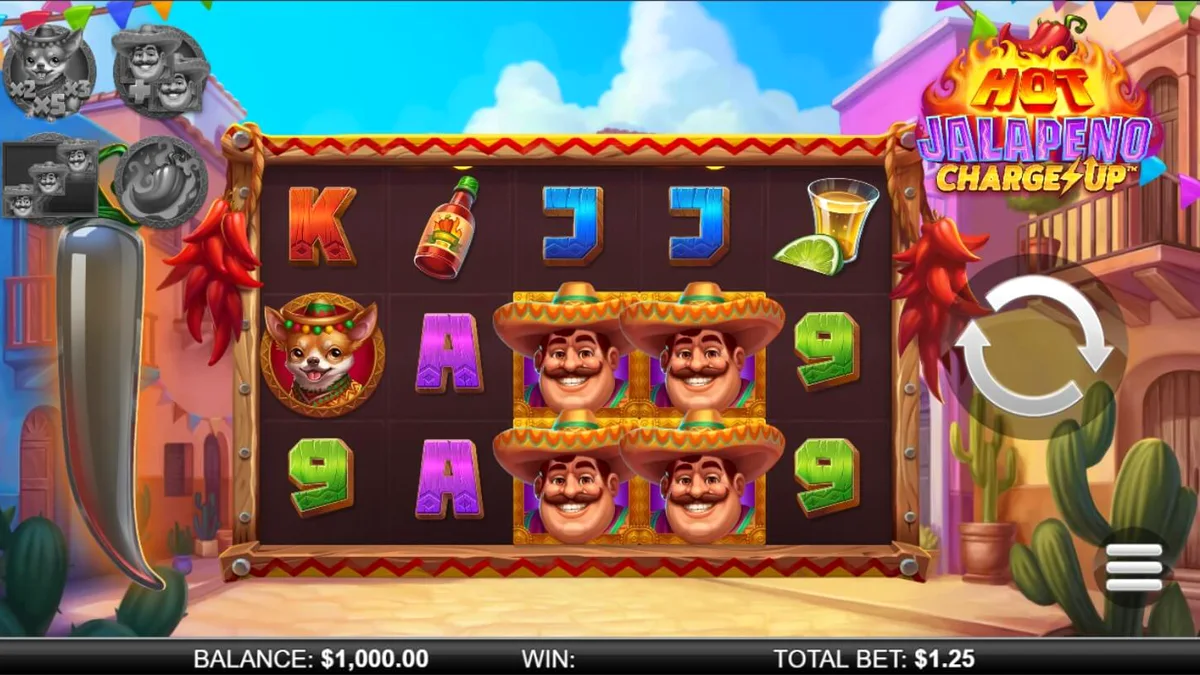 Interface vibrante do slot Hot Jalapeño Charge Up com tema de festa mexicana