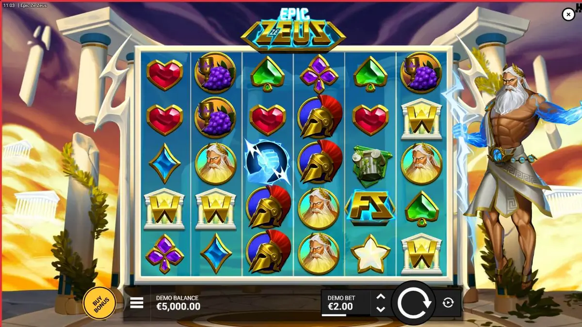 Interface do jogo Epic Ze Zeus com relâmpagos e Zeus ao fundo