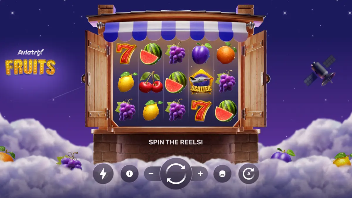 Interface do jogo Aviatrix Fruits exibindo símbolos de frutas e elementos de aeronaves